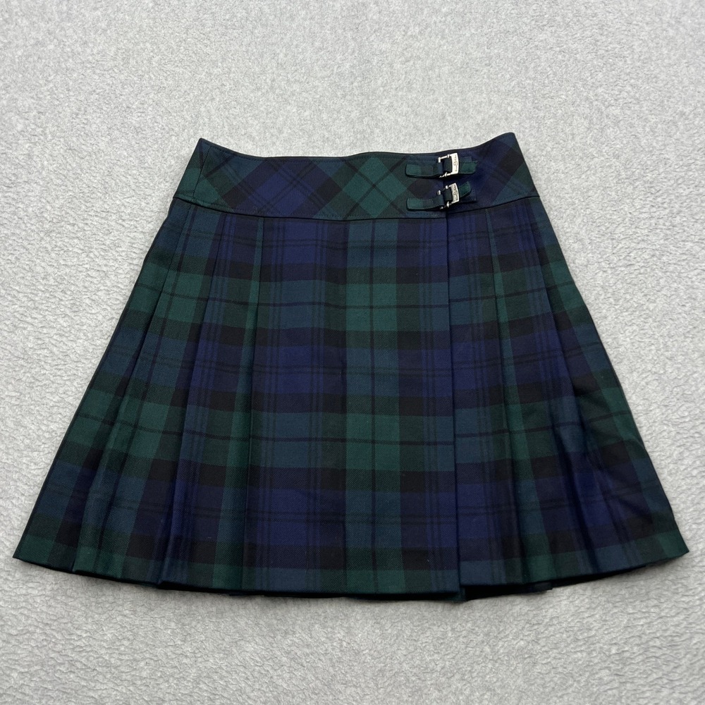 Brooks Brothers Mini Skirt Womens 0 Blue Green Black Watch Plaid Wool Pleated